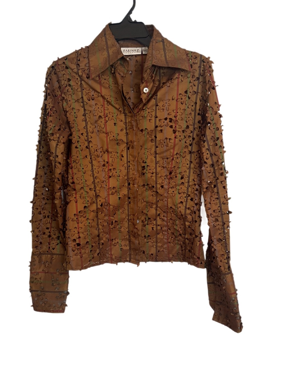 Farinaz Taghavi Vintage 3D Laser Cut Flower Blouse Sheer Striped Brown Size 4